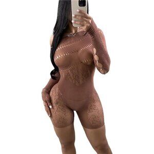 Women's Sexy See Through Long Sleeve Rhinestone Accent One Shoulder Cutout Mesh